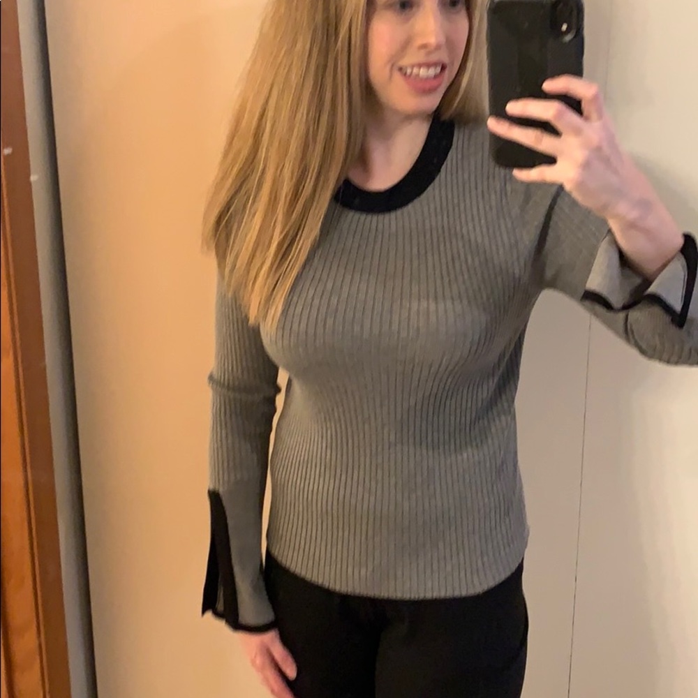 Popsugar grey ribbed sweater with bell sleeves.